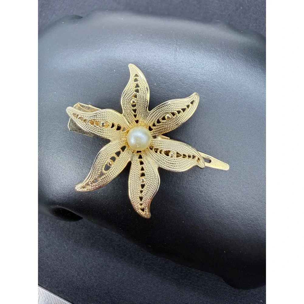 Lady Ellen Vintage Gold Filigree Flower Hair Clip Faux Pearl Alligator Barrette
